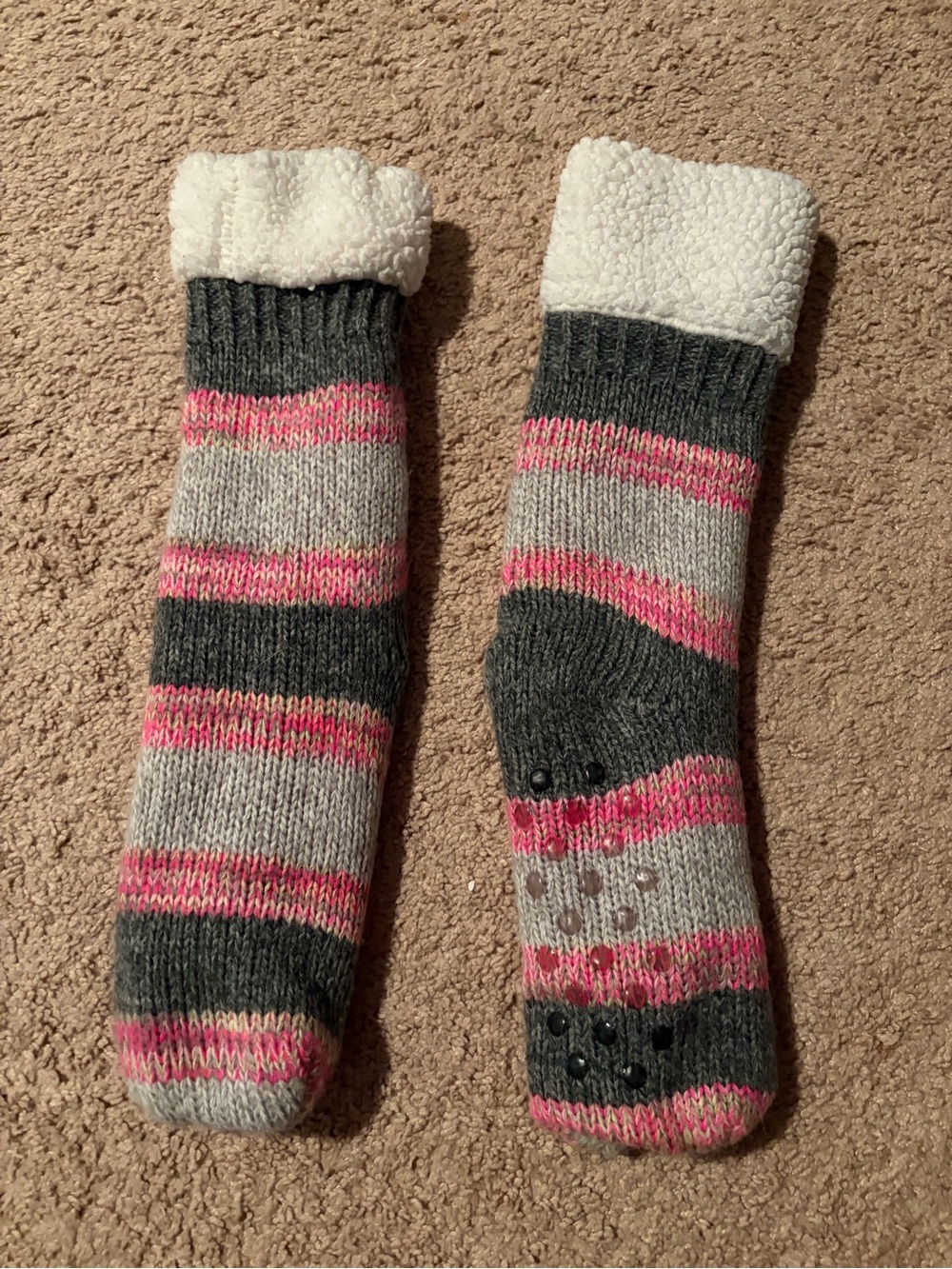 Cozy Sherpa-Lined Knit Slipper Socks - Gray & Pink Stripes